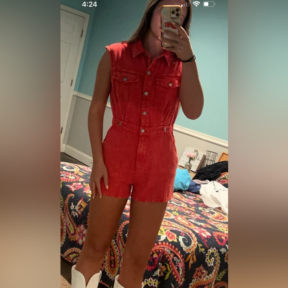 Red denim romper